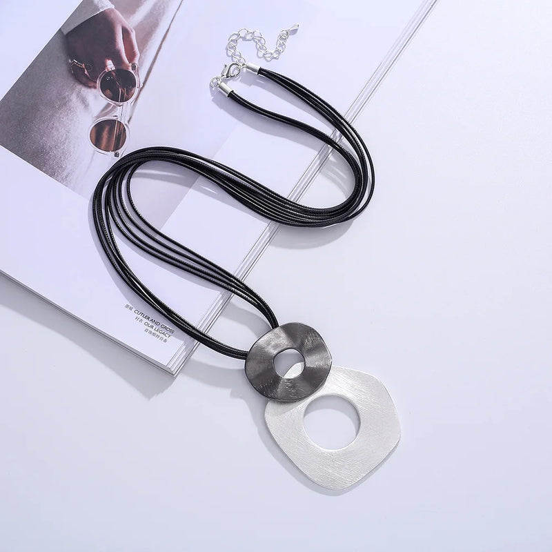 ALLYES Irregular Hollow Metal Circles Pendant Necklaces for Women Fashion Sweater Chain Long Leather Necklace Female Jewelry