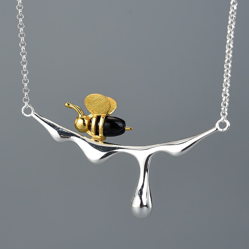 Lotus Fun Real 925 Sterling Silver Handmade Designer Fine Jewelry 18K Gold Bee and Dripping Honey  Jewelry Set for Women Gift