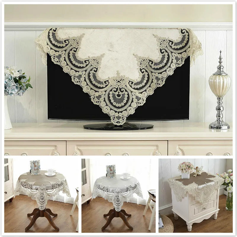 European Luxury Velvet Lace Border Embroidered Tablecloth Balcony Bedroom Christmas Coffee Small Round Table Cover Cloth Mantel