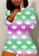 Sexy Women V-neck Bodycon Sleepwear Jumpsuit Bodysuit Shorts Romper Bodysuit Leotard Long Sleeve Lips Print Button Bodysuit