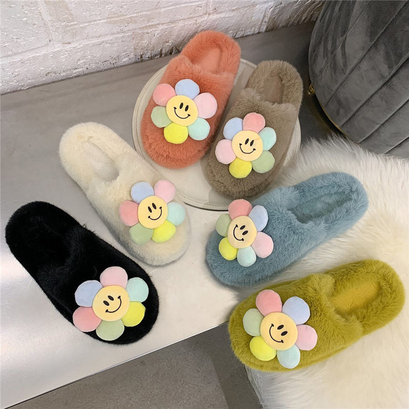 Sun flower Slippers Women Slippers Furry Fluffy Flat Shoes Winter Home Slippers Fashion Comfortable Slip Lazy Thick Fur Slides