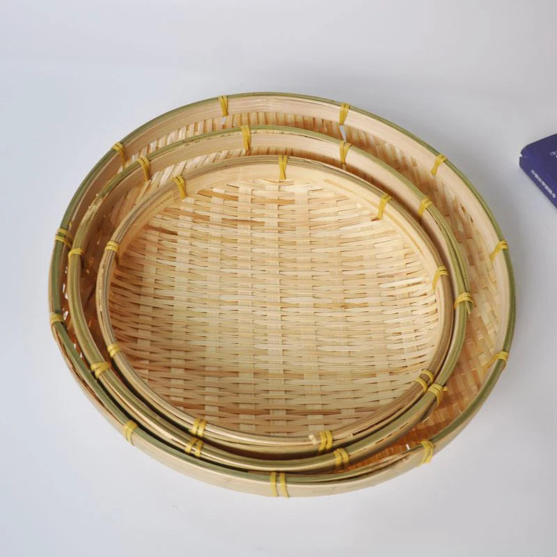 Handmade Weave Bamboo Sieve Round Dustpan DIY Decorative Fruit Bread Basket Kitchen Storage Tray Household Organizer