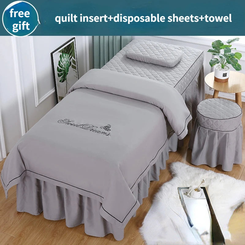 Embroderied 4pcs Bedding Sets for Beauty Salon Tuina Massage Spa Bed Sheets Bed Cover Pillowcase Stoolcover Duvet Cover Sets