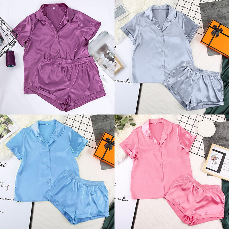 Suphis 5 Colors Satin Nightshirt With Shorts Nightwear Suit Silk Pyjama Short Sleeve Casual Pajama Sets Women Sleepwear Summer