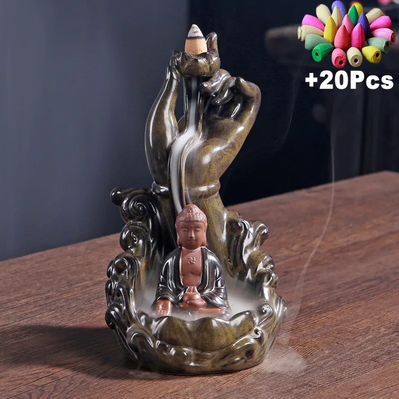 +20Pcs Incense Cones Stand Buddha Hand Lotus Monk Guanyin Blessing Lucky Feng Shui Decoration Waterfall Backflow Incense Burner
