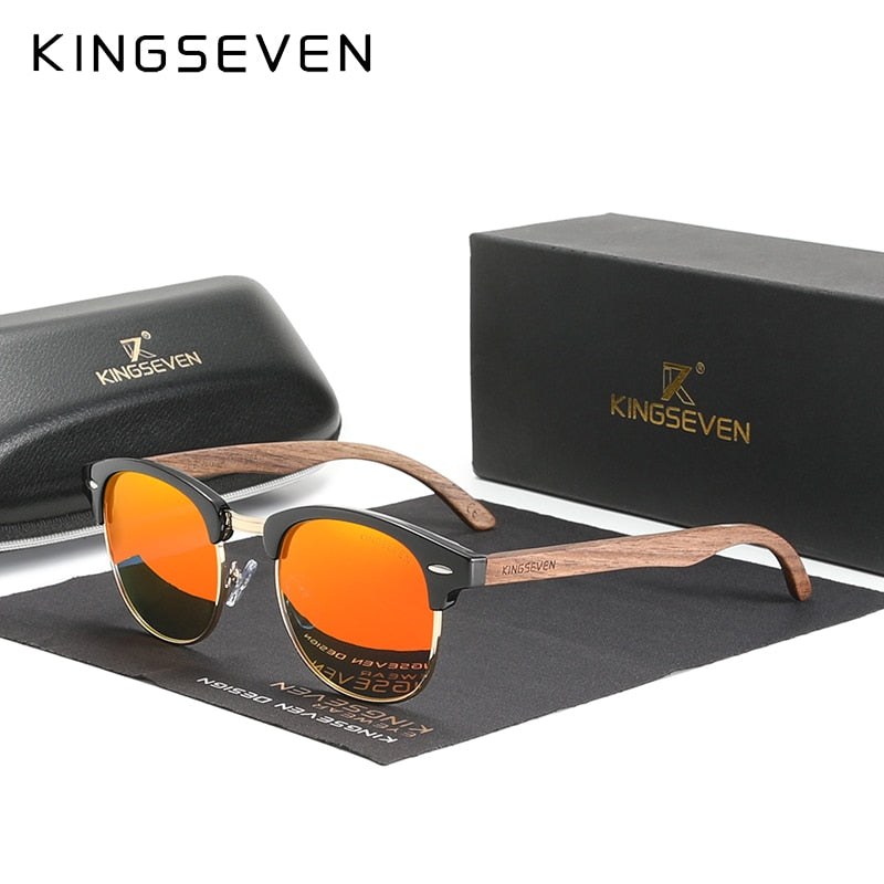 KINGSEVEN Handmade 2022 Black Walnut Wooden Sunglasses Men Polarized UV400 Protection Semi-Rimless Retro Eyewear Women Oculos