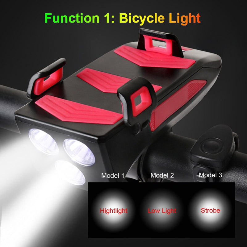 NEWBOLER Multi-function 4 in 1 Bicycle Light USB Rechargeable LED Bike Headlight Bike Horn Phone Holder Powerbank Cycling Light