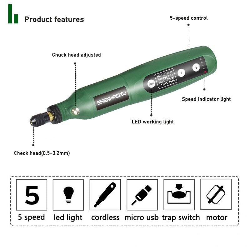 Cordless Grinder Electric Drill 5-Speed Adjustable Engraving Pen Cutting Polishing Drilling Rotary Tool With Dremel Accessories