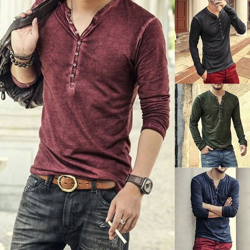 2024 Men Tee Shirt V-neck Long Sleeve Tee&Tops Stylish Slim Buttons T-shirt Autumn Casual Solid Male Clothing Plus Size 3XL