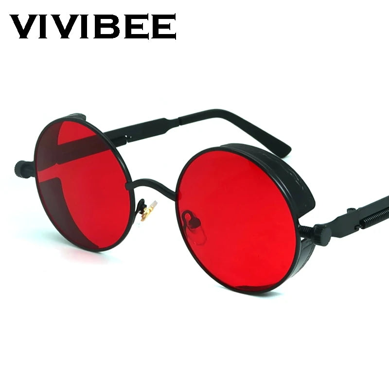VIVIBEE Vintage Steampunk Red Sunglasses Men Round Punk Alloy Metal Retro Sun Glasses Women 2024 Goggles Gothic Style Shades