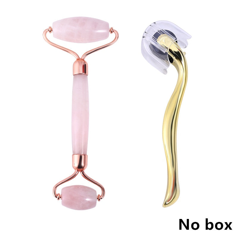 Rose Quartz Roller Massager Tool Natural Stone Facial Massager Jade Roller Microneedle Roller Jade Spatula Skin Care Kit Box