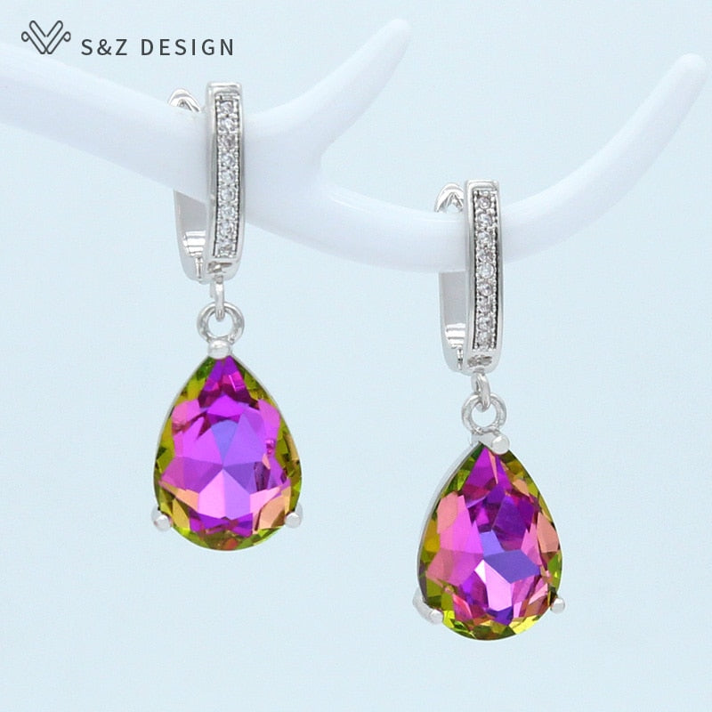 S&amp;Z DESIGN Korean Fashion Luxury Water Drop Crystal 585 Rose Gold Dangle Earrings For Women Wedding Engagement Elegant Jewelry