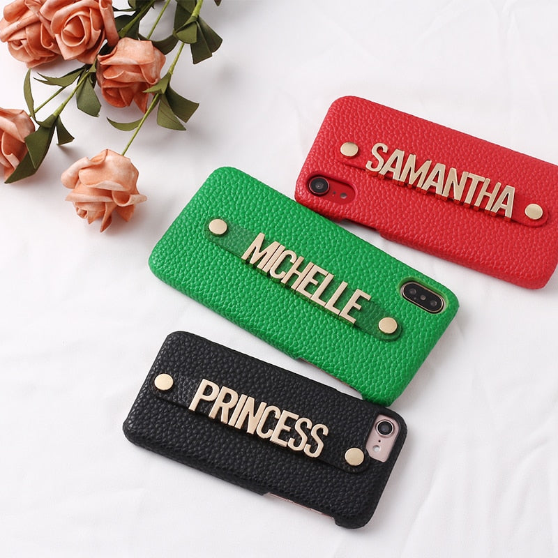 Holding Strap Letter Custom Personalize Name Pebble Leather Phone Case For iPhone14 14ProMax 14Plus 13Promax 13 12 1Luxury Cover