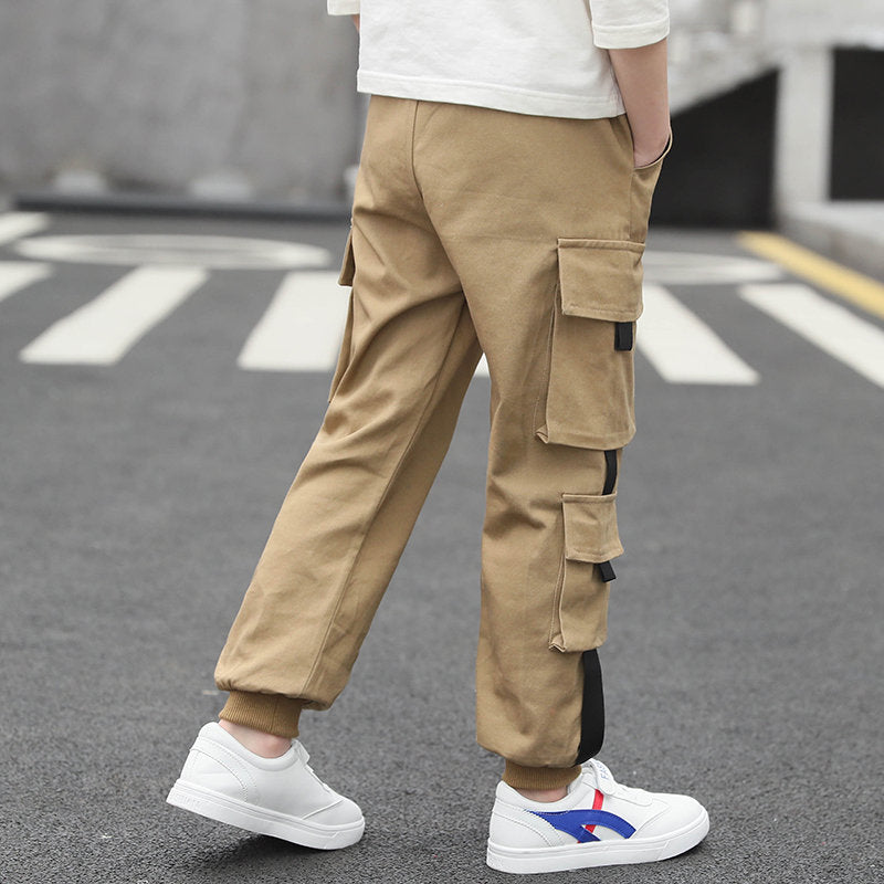 Kids Boy Tape Side Cargo Pants Loose Style Teenager Khaki Black Cargo Pants Classic Kids Sports Trousers for Big Boy 4-13 Years