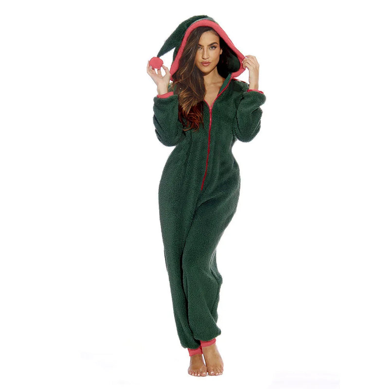 Women Christmas Long Sleeve Hooded Jumpsuits with Zipper Lady Fall Winter Warm Fleece Rompers Festival Holiday Loungewear 2022