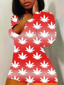 Sexy Women V-neck Bodycon Sleepwear Jumpsuit Bodysuit Shorts Romper Bodysuit Leotard Long Sleeve Lips Print Button Bodysuit