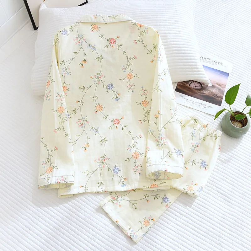 Fdfklak 100% Cotton Gauze Women Homewear Pajama Suit Casual Floral Printed 2Pcs Turn Down Collar Nightwear Pijamas Mujer