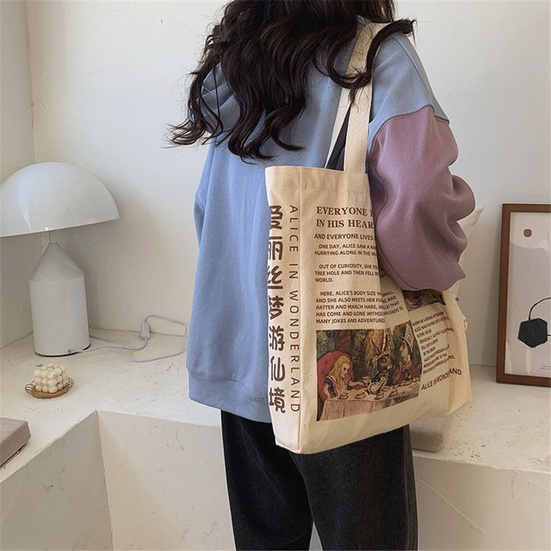 Women Canvas Shoulder Bag Alice In Wonderland Shopping Bags Students Book Bag Cotton Cloth Handbags Tote Bags for Girls Bolsos