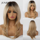 JONRENAU Middle Long Straight Hair with Bangs Ombre Brown to Blonde Wig Dark Roots Synthetic Wigs for Women Heat Resistance Hair
