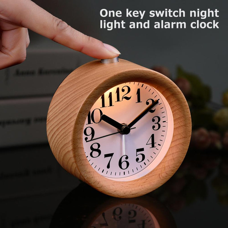 Handmade Classic Small Round Wood Silent Light Desk Alarm Clock With Desk Lamp for Home dropshipping