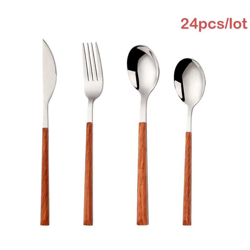 16/20/24Pcs 304 Stainless Steel Dinnerware Sets Glossy Silver Wooden Tableware Western Food Knife Fork Teaspoon Cubiertos