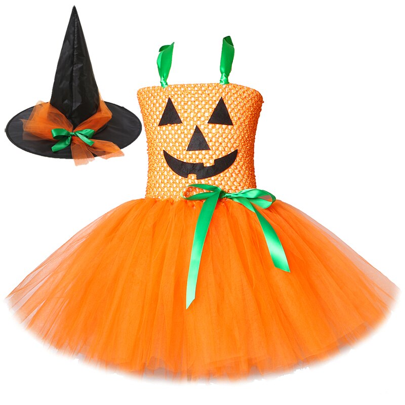 Pumpkin Dresses for Baby Girls Tutu Dress with Witch Hat Halloween Costume for Kids Girl Pumpkin Clothes for Carnival Party