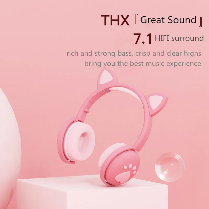 AIKSWE Bluetooth Headphones glowing cute LED Cat Ear Paw Girls Gift Kids Headset Wireless HIFI Stereo Bass 3.5mm Plug With Mic