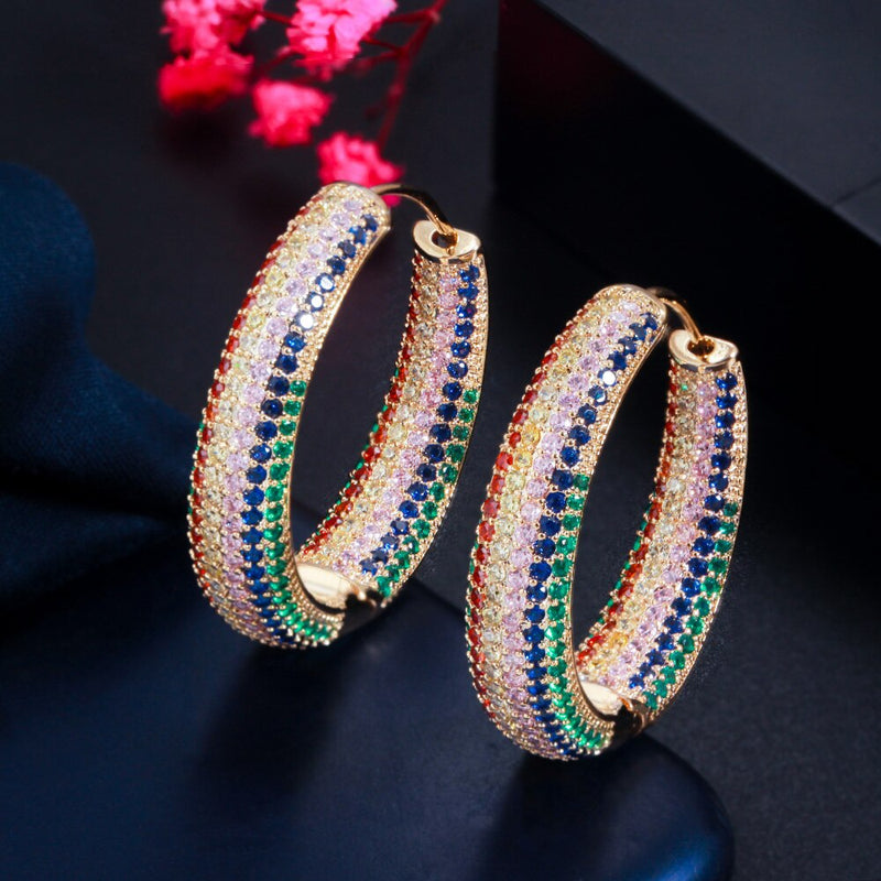 CWWZircons Black Gold Color Blue Red CZ Pave Setting Round Large Hoop Earrings for Women Statement Party Wedding Jewelry CZ832