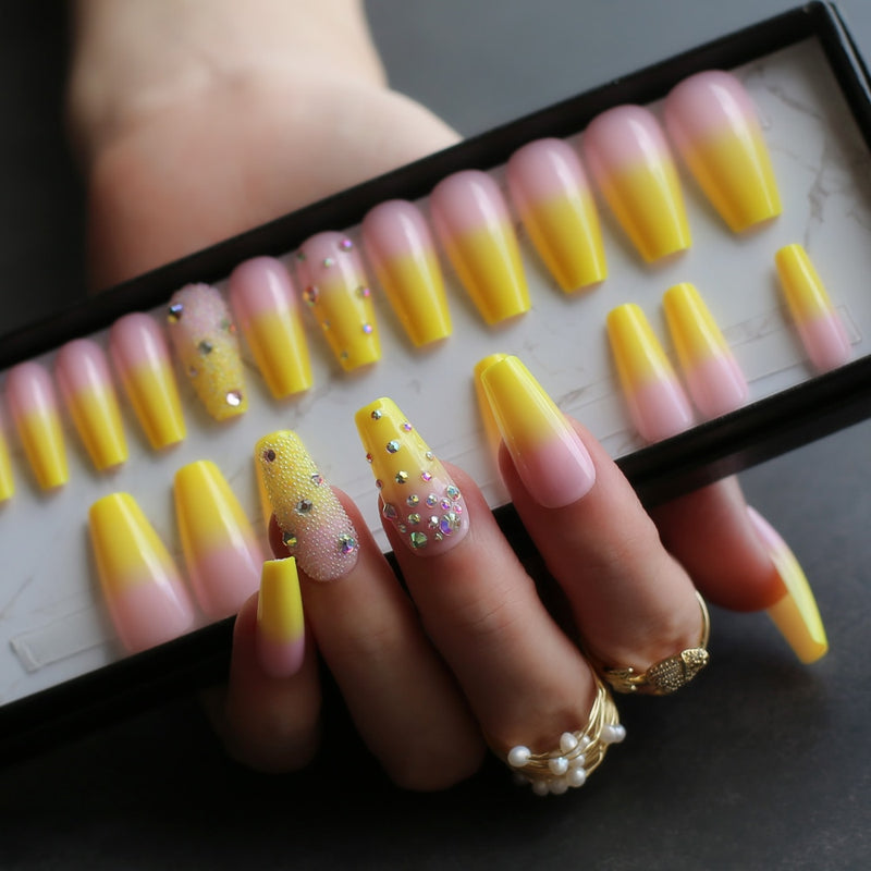 Lemon Yellow French ombre coffin shiny gel fake nails Rhinestone glossy Ballet nails false nail crystal art design caviar match