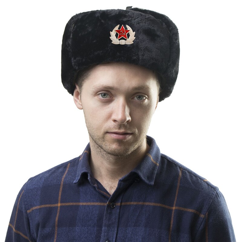 Soviet Badge Russia Ushanka Men Winter Bomber Hats Pilot Faux Fur Earflap Trapper Trooper Hat Russian National Emblem Snow Hats