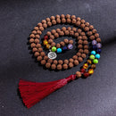 108 Original Rudraksha Beaded Knotted 7 Chakras Mala Necklace Meditation Yoga Prayer Rosary with OM Pendant Tassel Jewelry
