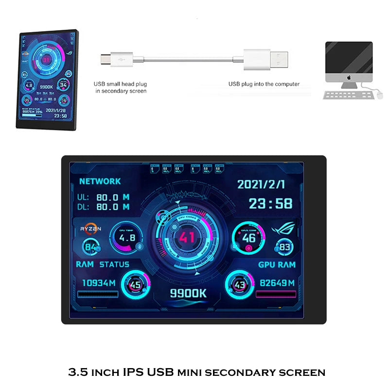 2024New 3.5 Inch IPS Type-C Secondary Screen Computer CPU GPU RAM HDD MonitorUSB Display For Freely AIDA64 mini monitor