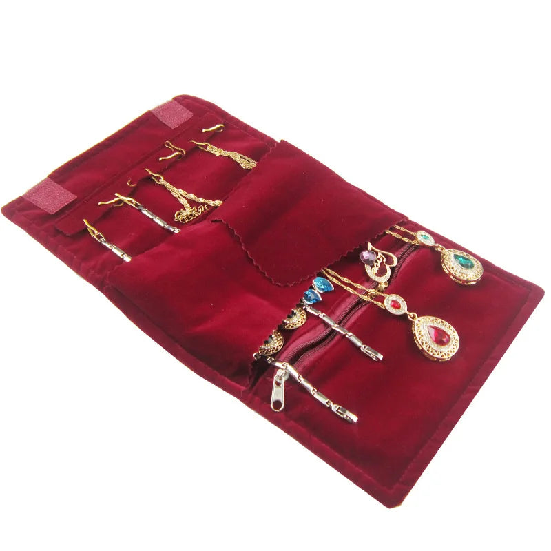 Elegant Velvet Jewelry Organizer Roll Travel Zipper Bag Carrying Case For Multiple Necklace Ring Earrings Storage Desktop Drawer