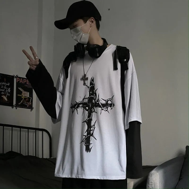 QWEEK Gothic Goth Style Tshirt 2021 Mall Goth Tops Punk Long Sleeve Oversized T-shirt Fake Two-piece Street Fashion Korean Style