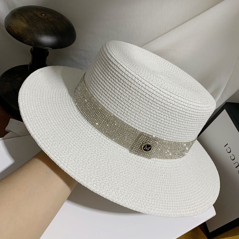 Sun Hat Artificial Diamond Belt Straw Hat Retro Gold Braided Hat Female Loose Sunscreen Sunshade Flat Cap Visors Hats Church Hat