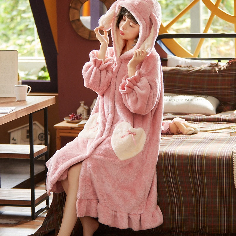 Autumn Winter Women Hooded Pajama Sets Ruffled Warm Coral Flannel Sleepwear Set Solid Female Thick Long Soft Cute Nightwear