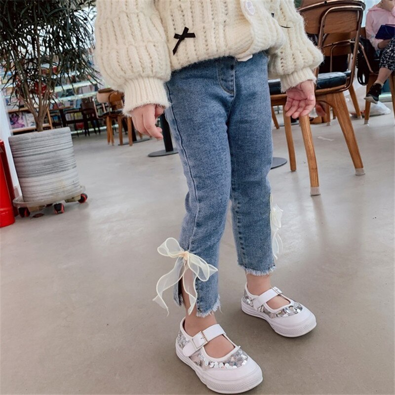 2-7T Jeans For Girls Elegant Bow Cute Denim Pants Sweet Bowknot Stretch Lovely Spring Child Trousers Toddler Kid Baby Steetwear