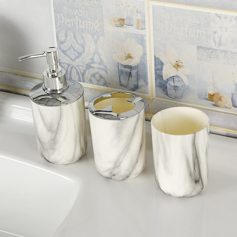 3pcs Plastic Marbled Bathroom Accessories Sets Soap Dispenser Cup Toothbrush Holder Set Home Decoration