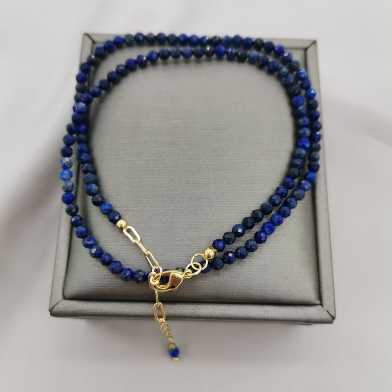 Faceted Lapis Lazuli Necklace Delicate Adjustable 14K Gold Filled Chains Natural Stones Collier Femme Unique Women BOHO Necklace