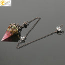 CSJA Reiki Natural Chip Stone Pendulum Antique Copper Chain Hexagon Cone Resin Pendant for Dowsing Divination Wicca Pendule G321