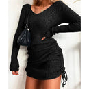 Women's Dress Knitted Drawstring Sexy Mini Dress Autumn Winter Elegant Fashion V-Neck Long Sleeve Bodycon Party Dresses Female