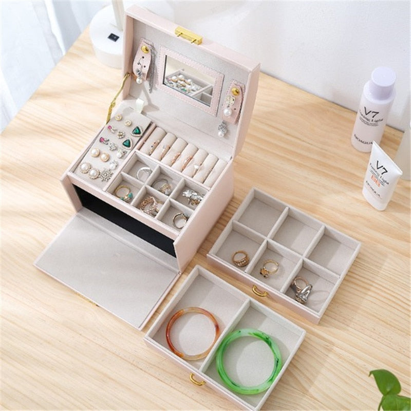 WE Bling PU Travel Portable Locked Jewelry Storage Box Three-layer Makeup Organizer Ring Earring Necklace Pouch Case Accessories