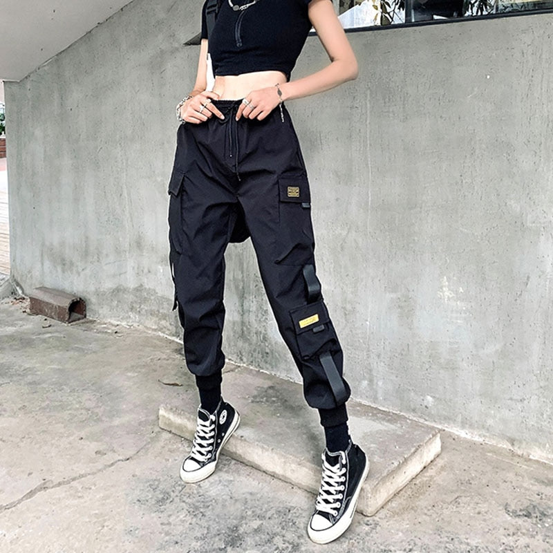 Women Cargo Pants 2023 Harem Pants Fashion Punk Pockets Jogger Trousers With Chain Harajuku Elastics High Waist Streetwear