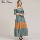 5XL Plus Size Boho Dress Women 2019 Summer Ruffles Slash Neck Cold Shoulder Beach Dress Floral Print Contrast Maxi Long Dresses