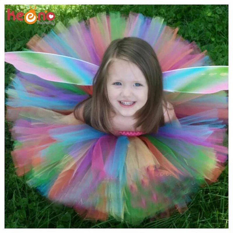 Rainbow Girls Tulle Tutu Dress Handmade Fluffy Baby Ballet Tutus with Butterfly Wing Costume Set Children Birthday Party Dresses
