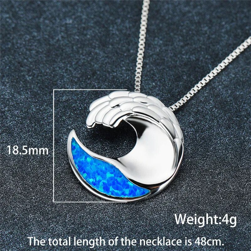 Blue Fire Opal Pendant Sea Wave Necklaces For Women Geometric Jewelry Vintage Fashion Birthstone Silver Color Box Chain Necklace