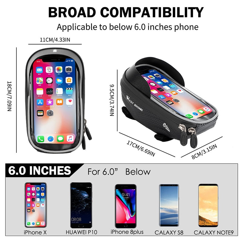 WEST BIKING Waterproof Bike Bag Frame High Sensitive Touch Screen 6.0inch Phone Case Cycling Bag Front Top Tube MTB Bicycle Bags