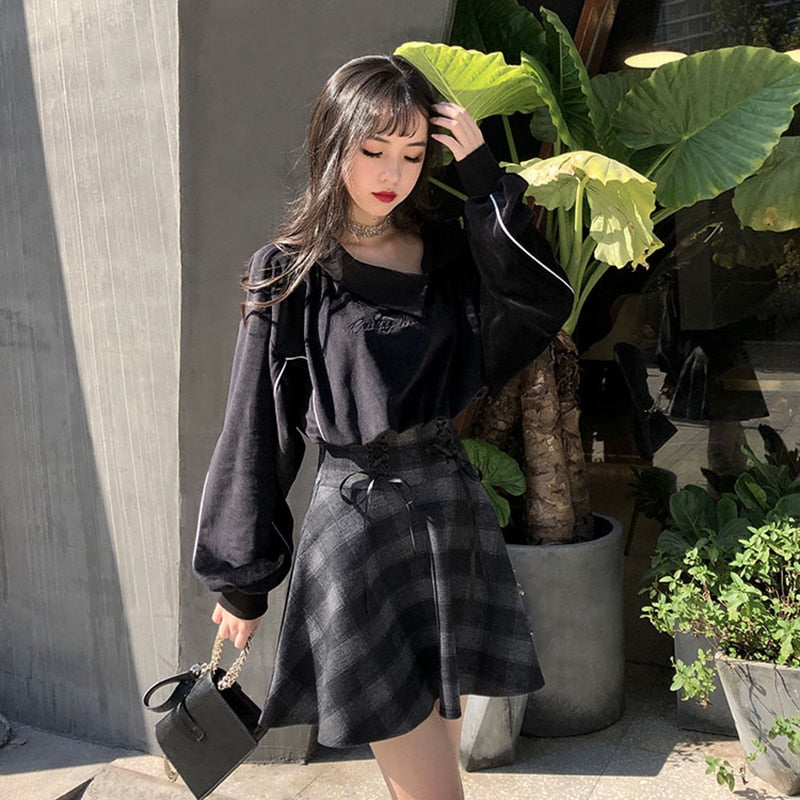 Gothic Women Skirts Fashion Autumn Winter Plaid Woolen Skirt Female High Waist Lace Up Mini Thick Warm Girls Saia 2023