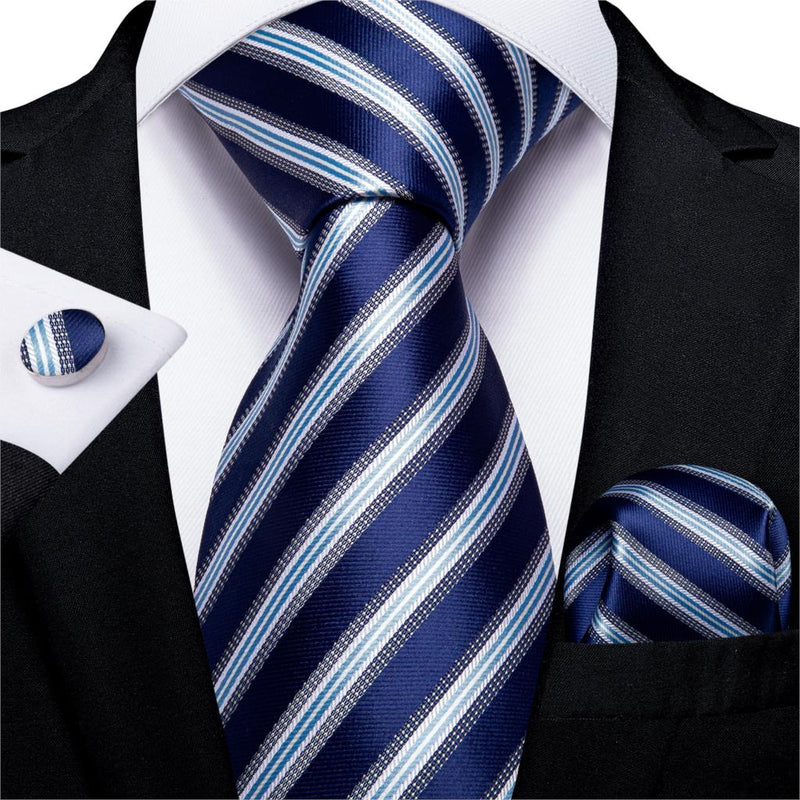 Gift Men Tie Teal Blue White Striped Silk wedding Tie For Men DiBanGu Designer Hanky Cufflink Quality Men Tie Set Business 7339