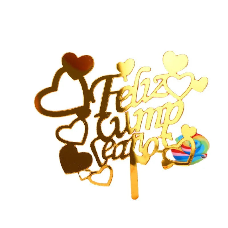 Golden Acrylic Happy Birthday Cake Topper Spanish language Birthday Party Cake Toppers For Kids holiday gifts Dessert Decoration